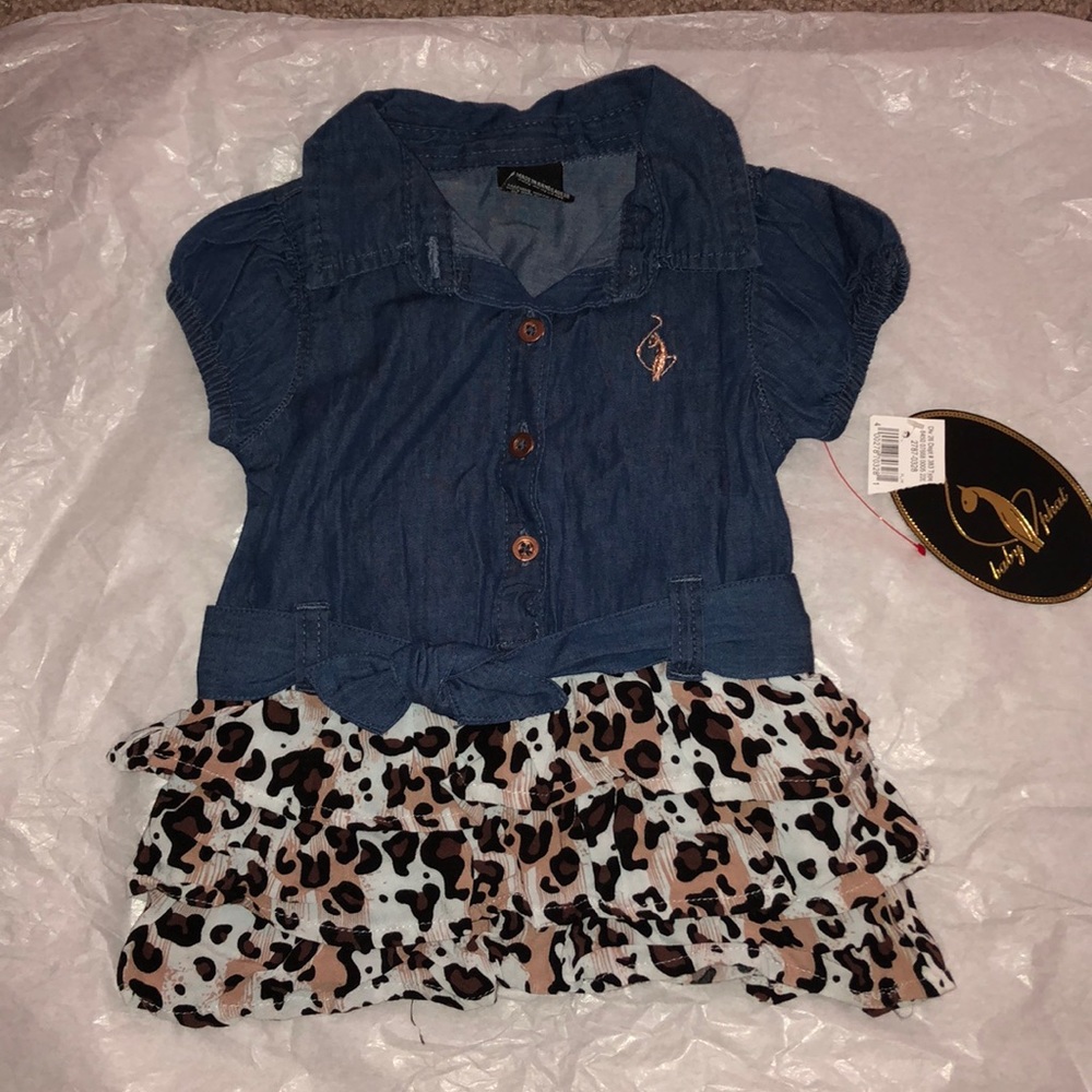 Baby Phat Girls Denim Top with Leopard Ruffle Skirt - Blue, Brown, Black, White